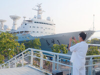 The Yuanwang 1 space merit ship is moored to visitors at the former site of Jiangnan Shipyard on the Huangpu River in Shanghai, China, on Se...