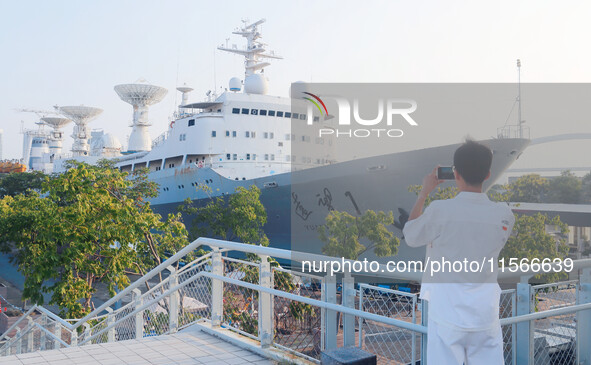 The Yuanwang 1 space merit ship is moored to visitors at the former site of Jiangnan Shipyard on the Huangpu River in Shanghai, China, on Se...