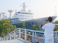 The Yuanwang 1 space merit ship is moored to visitors at the former site of Jiangnan Shipyard on the Huangpu River in Shanghai, China, on Se...