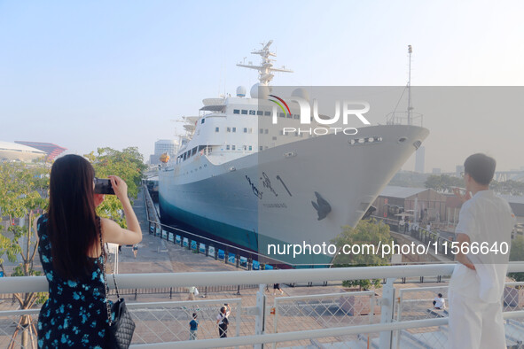 The Yuanwang 1 space merit ship is moored to visitors at the former site of Jiangnan Shipyard on the Huangpu River in Shanghai, China, on Se...