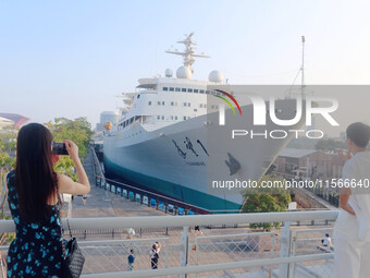 The Yuanwang 1 space merit ship is moored to visitors at the former site of Jiangnan Shipyard on the Huangpu River in Shanghai, China, on Se...