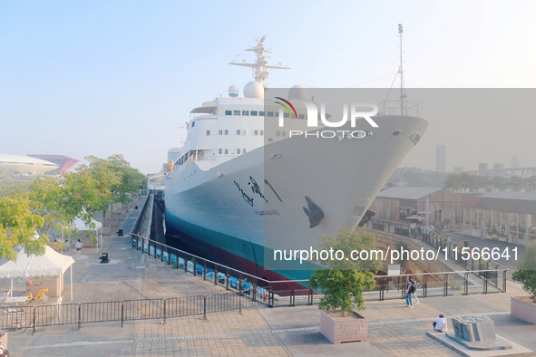 The Yuanwang 1 space merit ship is moored to visitors at the former site of Jiangnan Shipyard on the Huangpu River in Shanghai, China, on Se...