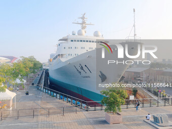 The Yuanwang 1 space merit ship is moored to visitors at the former site of Jiangnan Shipyard on the Huangpu River in Shanghai, China, on Se...