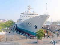 The Yuanwang 1 space merit ship is moored to visitors at the former site of Jiangnan Shipyard on the Huangpu River in Shanghai, China, on Se...