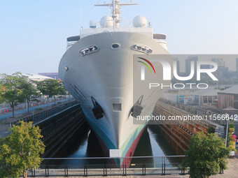 The Yuanwang 1 space merit ship is moored to visitors at the former site of Jiangnan Shipyard on the Huangpu River in Shanghai, China, on Se...