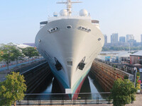 The Yuanwang 1 space merit ship is moored to visitors at the former site of Jiangnan Shipyard on the Huangpu River in Shanghai, China, on Se...