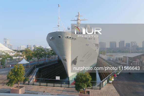 The Yuanwang 1 space merit ship is moored to visitors at the former site of Jiangnan Shipyard on the Huangpu River in Shanghai, China, on Se...