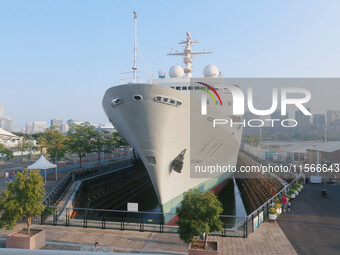 The Yuanwang 1 space merit ship is moored to visitors at the former site of Jiangnan Shipyard on the Huangpu River in Shanghai, China, on Se...