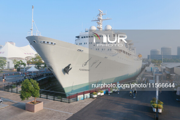 The Yuanwang 1 space merit ship is moored to visitors at the former site of Jiangnan Shipyard on the Huangpu River in Shanghai, China, on Se...