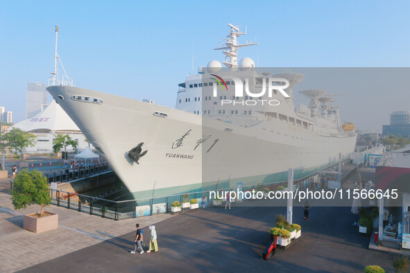 The Yuanwang 1 space merit ship is moored to visitors at the former site of Jiangnan Shipyard on the Huangpu River in Shanghai, China, on Se...