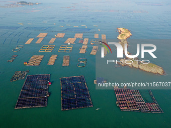 Workers work in a breeding area at a marine ranch in Dinghai Bay, Lianjiang County in Fuzhou, China, on September 10, 2024. (