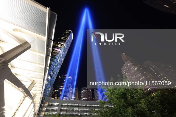 The Tribute in Light rises above the New York City skyline near the entrance of the Battery Tunnel in New York City, United States, on Septe...