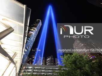 The Tribute in Light rises above the New York City skyline near the entrance of the Battery Tunnel in New York City, United States, on Septe...