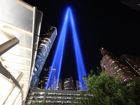 The Tribute in Light rises above the New York City skyline near the entrance of the Battery Tunnel in New York City, United States, on Septe...