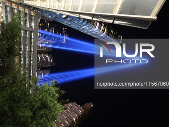 The Tribute in Light rises above the New York City skyline near the entrance of the Battery Tunnel in New York City, United States, on Septe...