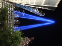 The Tribute in Light rises above the New York City skyline near the entrance of the Battery Tunnel in New York City, United States, on Septe...