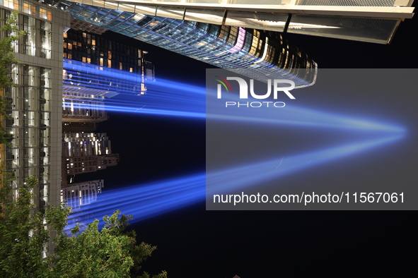 The Tribute in Light rises above the New York City skyline near the entrance of the Battery Tunnel in New York City, United States, on Septe...