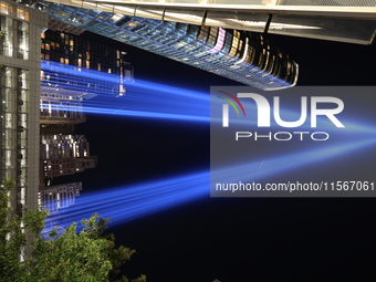 The Tribute in Light rises above the New York City skyline near the entrance of the Battery Tunnel in New York City, United States, on Septe...