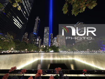 The Tribute in Light rises above the New York skyline near the National September 11 Memorial & Museum in New York, United States, on Septem...