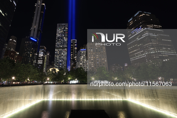 The Tribute in Light rises above the New York skyline near the National September 11 Memorial & Museum in New York, United States, on Septem...