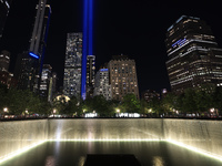 The Tribute in Light rises above the New York skyline near the National September 11 Memorial & Museum in New York, United States, on Septem...