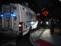 Crime scene investigators collect evidence at the scene where a man is killed by a shot to the head in Queens, New York, on September 11, 20...