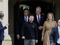 Croatia's Prime Minister Andrej Plenkovic, Ukrainian President Volodymyr Zelenskiy, Lithuania's President Gitanas Nauseda, and Latvia's Prim...