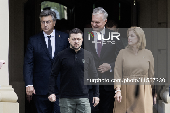 Croatia's Prime Minister Andrej Plenkovic, Ukrainian President Volodymyr Zelenskiy, Lithuania's President Gitanas Nauseda, and Latvia's Prim...