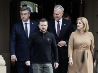 Croatia's Prime Minister Andrej Plenkovic, Ukrainian President Volodymyr Zelenskiy, Lithuania's President Gitanas Nauseda, and Latvia's Prim...