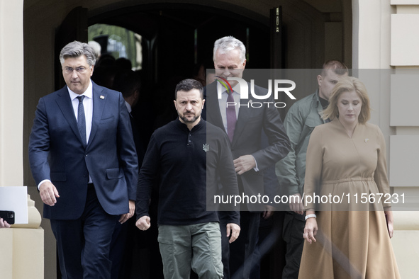 Croatia's Prime Minister Andrej Plenkovic, Ukrainian President Volodymyr Zelenskiy, Lithuania's President Gitanas Nauseda, and Latvia's Prim...