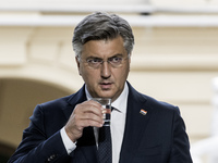 Croatia's Prime Minister Andrej Plenkovic attends a joint press conference with Lithuania's President Nauseda, Ukrainian President Zelenskiy...