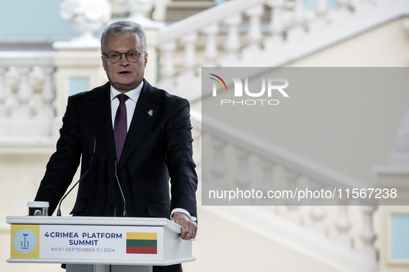 Lithuania's President Gitanas Nauseda attends a joint press conference with Ukrainian President Zelenskiy, Croatia's Prime Minister Plenkovi...