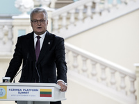 Lithuania's President Gitanas Nauseda attends a joint press conference with Ukrainian President Zelenskiy, Croatia's Prime Minister Plenkovi...