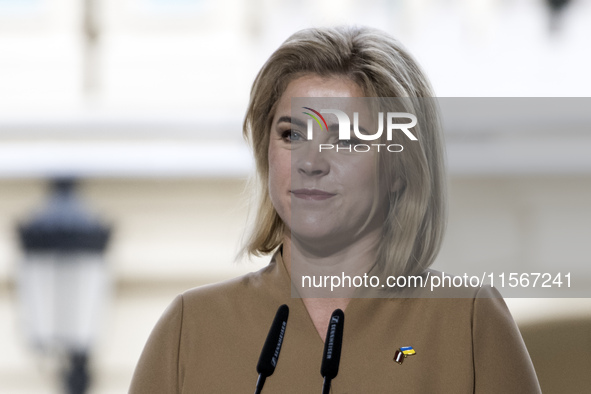 Latvia's Prime Minister Evika Silina attends a joint press conference with Lithuania's President Nauseda, Ukrainian President Zelenskiy, and...