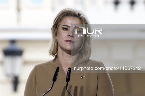 Latvia's Prime Minister Evika Silina attends a joint press conference with Lithuania's President Nauseda, Ukrainian President Zelenskiy, and...