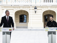 Lithuania's President Gitanas Nauseda (L) and Ukrainian President Volodymyr Zelenskiy (R) during a joint press conference in Kyiv, Ukraine,...