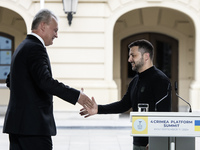 Lithuania's President Gitanas Nauseda shakes hands with Ukrainian President Volodymyr Zelenskiy after a joint press conference in Kyiv, Ukra...