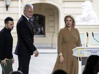 Ukrainian President Volodymyr Zelenskiy, Latvia's Prime Minister Evika Silina, and Croatia's Prime Minister Andrej Plenkovic after a joint p...