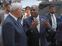 Minister of Foreign Affairs of Ukraine Andrii Sybiha welcomes UK Foreign Secretary David Lammy outside the Ukrainian Foreign Ministry buildi...