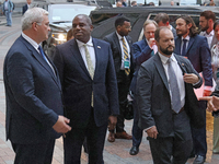 Minister of Foreign Affairs of Ukraine Andrii Sybiha welcomes UK Foreign Secretary David Lammy outside the Ukrainian Foreign Ministry buildi...