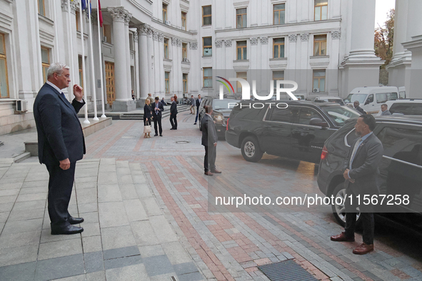 Minister of Foreign Affairs of Ukraine Andrii Sybiha (L) welcomes UK Foreign Secretary David Lammy and US Secretary of State Antony Blinken...