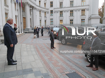 Minister of Foreign Affairs of Ukraine Andrii Sybiha (L) welcomes UK Foreign Secretary David Lammy and US Secretary of State Antony Blinken...