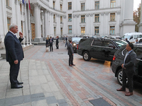 Minister of Foreign Affairs of Ukraine Andrii Sybiha (L) welcomes UK Foreign Secretary David Lammy and US Secretary of State Antony Blinken...