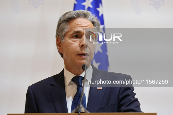 US Secretary of State Antony Blinken attends a joint news conference with Minister of Foreign Affairs of Ukraine Andrii Sybiha and UK Foreig...