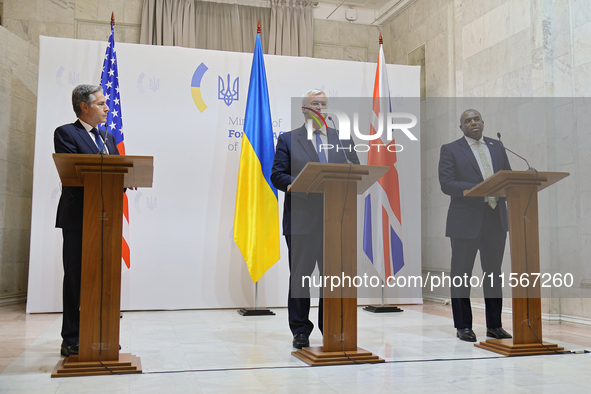 US Secretary of State Antony Blinken, Minister of Foreign Affairs of Ukraine Andrii Sybiha, and UK Foreign Secretary David Lammy (L to R) ho...