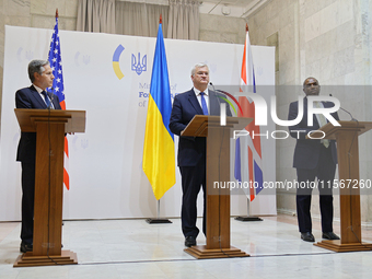 US Secretary of State Antony Blinken, Minister of Foreign Affairs of Ukraine Andrii Sybiha, and UK Foreign Secretary David Lammy (L to R) ho...