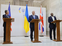 US Secretary of State Antony Blinken, Minister of Foreign Affairs of Ukraine Andrii Sybiha, and UK Foreign Secretary David Lammy (L to R) ho...