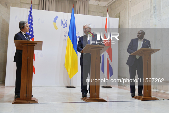 US Secretary of State Antony Blinken, Minister of Foreign Affairs of Ukraine Andrii Sybiha, and UK Foreign Secretary David Lammy (L to R) ho...