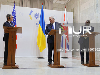 US Secretary of State Antony Blinken, Minister of Foreign Affairs of Ukraine Andrii Sybiha, and UK Foreign Secretary David Lammy (L to R) ho...