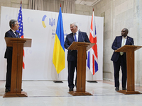 US Secretary of State Antony Blinken, Minister of Foreign Affairs of Ukraine Andrii Sybiha, and UK Foreign Secretary David Lammy (L to R) ho...